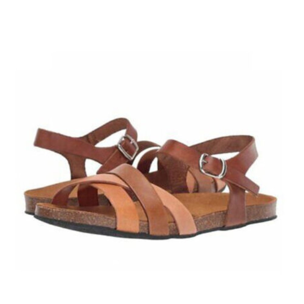 NEW Eric Michael Women Erin Tan Combo Crisscross Sandal Cork Buckle Ankle Strap